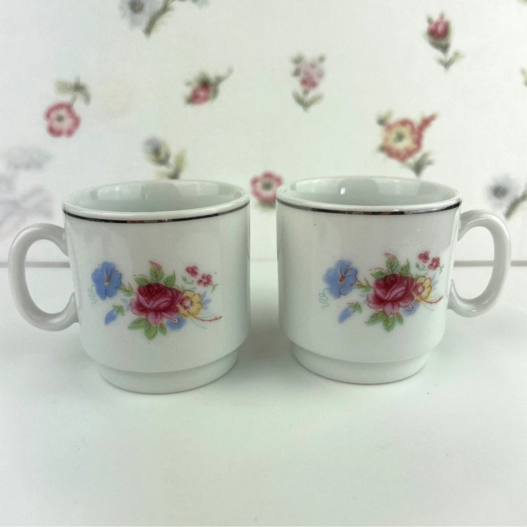 Vintage Tabletops Unlimited Set of 2 - Flat Bottom Floral Demitasse Cups, Vintage Espresso Mugs