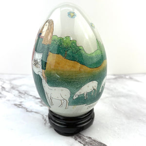 Hand Blown Glass Egg with Stand 1991 SMC in Box Religious Design Li Bien Painted