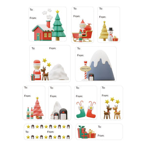 Retro Gift Tag Stickers, Retro Style Santa Village Christmas Gift To and From Stickers