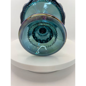 Indiana Glass King's Crown Blue Iridescent Compote Bowl, Thumbprint Carnival Glass Candy Dish