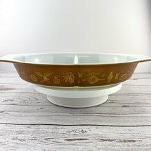 Load image into Gallery viewer, Vintage Pyrex Early American Pattern 1.5 Quart Divided Casserole Dish, Gold Eagle Brown and White