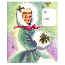 Load image into Gallery viewer, Retro Gift Tag Stickers, Vintage Inspired Girl Christmas Gift To and From Stickers