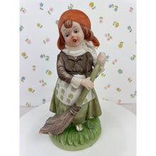 Load image into Gallery viewer, Capodimonte Porcelain Girl with Broom Figurine, Hand Painted Girl with Bonnet Sweeping
