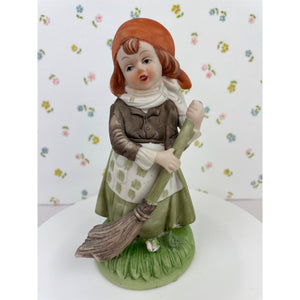 Capodimonte Porcelain Girl with Broom Figurine, Hand Painted Girl with Bonnet Sweeping