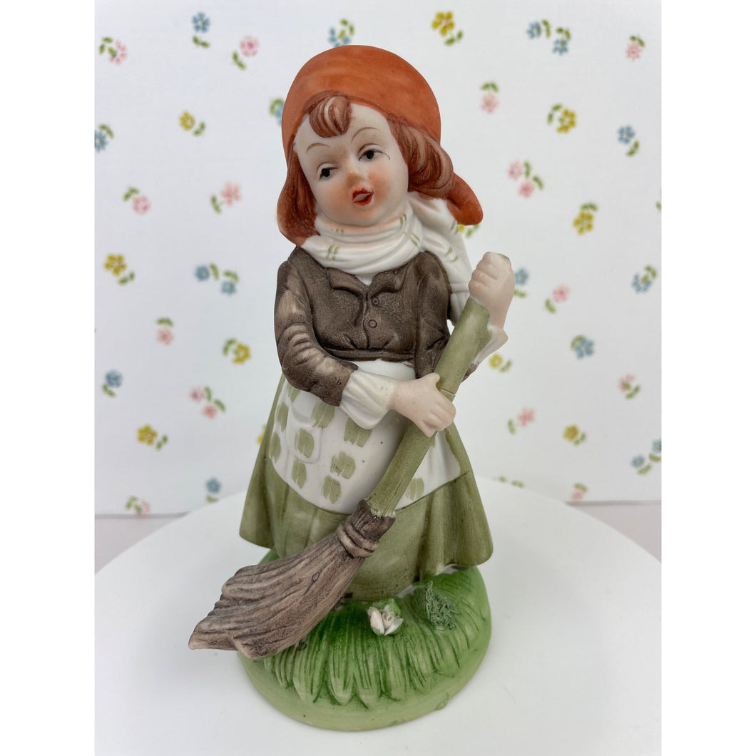 Capodimonte Porcelain Girl with Broom Figurine, Hand Painted Girl with Bonnet Sweeping
