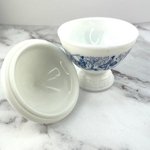 Vntg Chinoiserie Milk Glass Candy Dish Lidded Blue and White Asian Trinket Dish