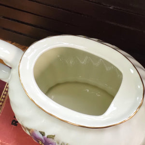 Vintage Porcelain Teapot with Purple Pansies, Floral Patterned Gold Trimmed Teapot