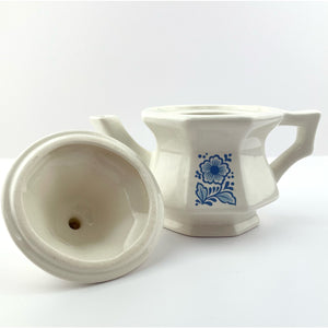 Vtg Avon Teapot Single Serve White Ceramic and Blue Floral Design, Farmhouse Cottage Core Decor