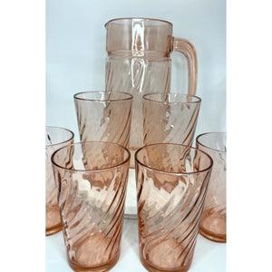 Vintage Pink Glass Swirl Pitcher & Tumbler Set, Arcoroc France Rosaline 7 Piece Fruit Orangeade Juice Set
