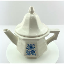 Load image into Gallery viewer, Vtg Avon Teapot Single Serve White Ceramic and Blue Floral Design, Farmhouse Cottage Core Decor