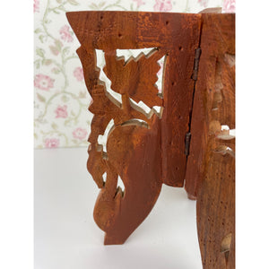 Vintage Indian Wood Ornate Hand Carved Folding Wooden Plant Stand on 3 Legs with Inlaid Floral Design