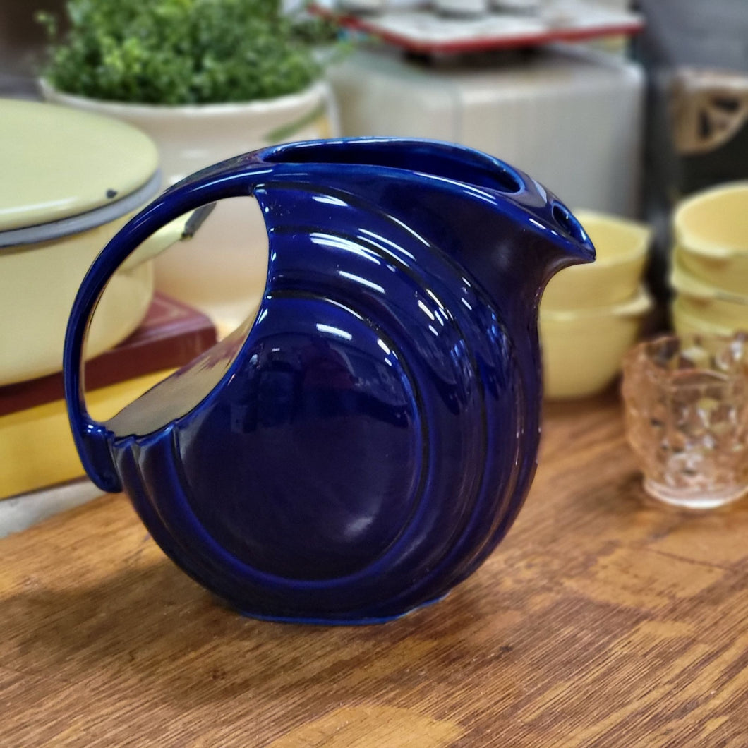 Vintage Hall Pottery Art Deco Style Disc Pitcher in Cobalt Blue, Drink Jug with Ice Guard