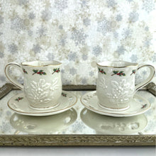 Load image into Gallery viewer, Partylite Teacup and Saucer Sets - Set of 2 Holiday P7257 Holly Leaf Tea Light Holders Cup and Saucer