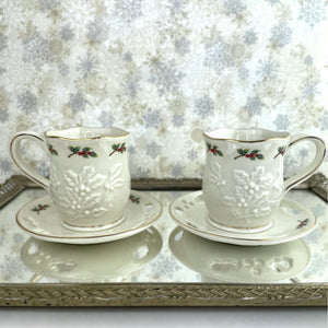 Partylite Teacup and Saucer Sets - Set of 2 Holiday P7257 Holly Leaf Tea Light Holders Cup and Saucer