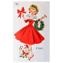 Load image into Gallery viewer, Retro Gift Tag Stickers, Vintage Inspired Girl Christmas Gift To and From Stickers