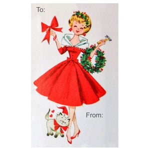 Retro Gift Tag Stickers, Vintage Inspired Girl Christmas Gift To and From Stickers