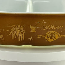 Load image into Gallery viewer, Vintage Pyrex Early American Pattern 1.5 Quart Divided Casserole Dish, Gold Eagle Brown and White