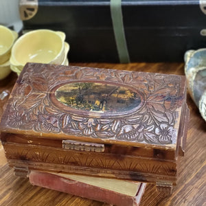 Vintage Wooden Jewelry Box, Carved Hinged Cedar Jewelry Box
