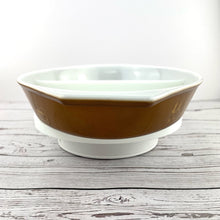 Load image into Gallery viewer, Vintage Pyrex Early American Pattern 1.5 Quart Divided Casserole Dish, Gold Eagle Brown and White