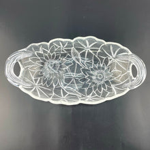 Load image into Gallery viewer, Vtg Indiana Glass Sunflower Relish Tray, Pressed Clear Glass Textured Bowl, Sunflower Pattern Handled Dish