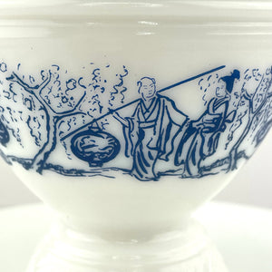 Vntg Chinoiserie Milk Glass Candy Dish Lidded Blue and White Asian Trinket Dish