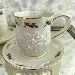 Partylite Teacup and Saucer Sets - Set of 2 Holiday P7257 Holly Leaf Tea Light Holders Cup and Saucer