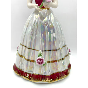 Vintage Porcelain Luster Girl Figurine, Ball Gown with Rose Details
