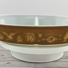 Load image into Gallery viewer, Vintage Pyrex Early American Pattern 1.5 Quart Divided Casserole Dish, Gold Eagle Brown and White
