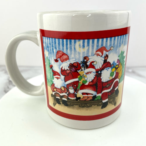 Christmas Santa’s Mug, WBI Holiday 2-Sided Coffee Cup with a Group of Santas