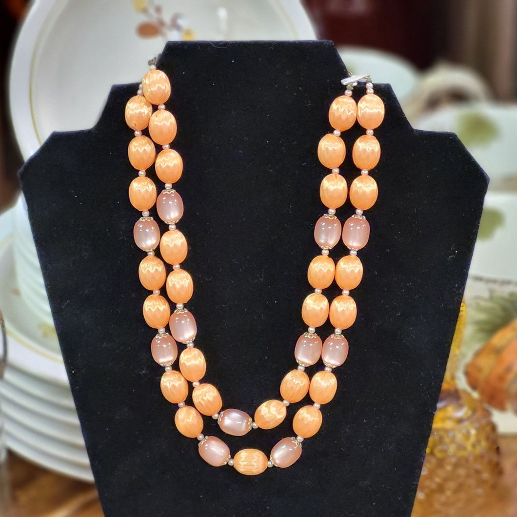 Vintage Double Strand Orange and Pink Beaded Retro Necklace