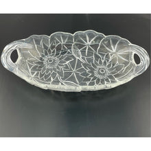 Load image into Gallery viewer, Vtg Indiana Glass Sunflower Relish Tray, Pressed Clear Glass Textured Bowl, Sunflower Pattern Handled Dish