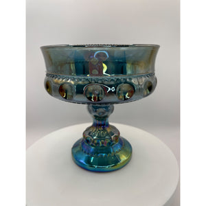 Indiana Glass King's Crown Blue Iridescent Compote Bowl, Thumbprint Carnival Glass Candy Dish