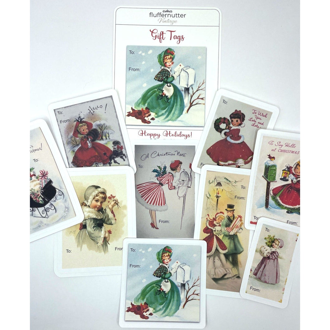 Retro Gift Tag Stickers, Vintage Inspired Little Girl Christmas Gift To and From Stickers