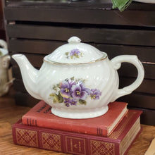 Load image into Gallery viewer, Vintage Porcelain Teapot with Purple Pansies, Floral Patterned Gold Trimmed Teapot