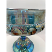 Load image into Gallery viewer, Indiana Glass King&#39;s Crown Blue Iridescent Compote Bowl, Thumbprint Carnival Glass Candy Dish