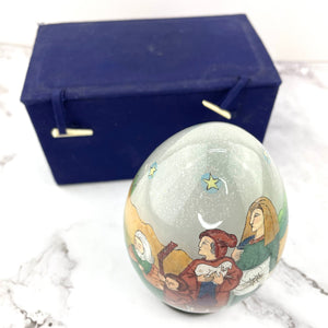 Hand Blown Glass Egg with Stand 1991 SMC in Box Religious Design Li Bien Painted