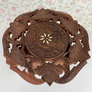 Vintage Indian Wood Ornate Hand Carved Folding Wooden Plant Stand on 3 Legs with Inlaid Floral Design