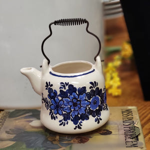 Vintage Delft Style Blue and Ivory Ceramic Floral Creamer with Coil Handle