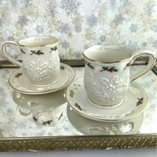Load image into Gallery viewer, Partylite Teacup and Saucer Sets - Set of 2 Holiday P7257 Holly Leaf Tea Light Holders Cup and Saucer