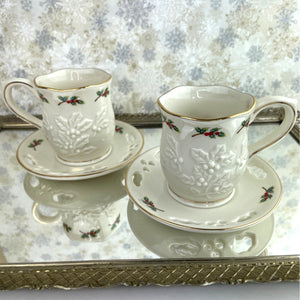Partylite Teacup and Saucer Sets - Set of 2 Holiday P7257 Holly Leaf Tea Light Holders Cup and Saucer
