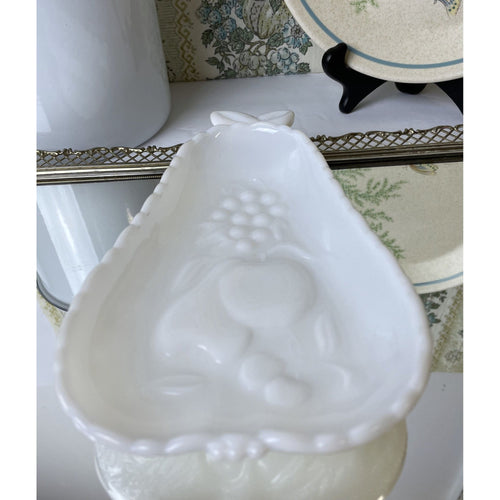 Blossom Milk Glass Pear Shape Relish Tray by Hazel-Atlas, Fruit Embossed Milk Glass Candy Dish, Vintage Milk Glass