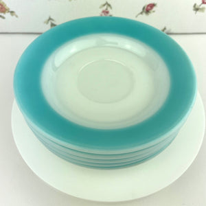 Corning Aqua Blue Saucers with "Little Joe" Blower Logo - Set of 5