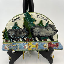 Load image into Gallery viewer, Gone Fishing Ceramic Black Bear Keyring Holder By Blue Sky Clayworks