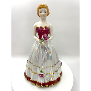 Vintage Porcelain Luster Girl Figurine, Ball Gown with Rose Details