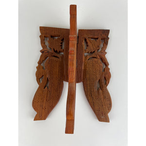 Vintage Indian Wood Ornate Hand Carved Folding Wooden Plant Stand on 3 Legs with Inlaid Floral Design