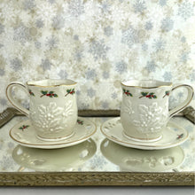 Load image into Gallery viewer, Partylite Teacup and Saucer Sets - Set of 2 Holiday P7257 Holly Leaf Tea Light Holders Cup and Saucer