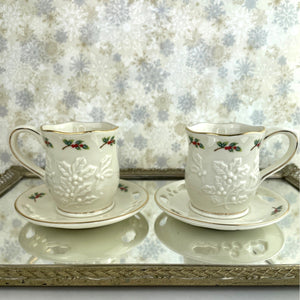 Partylite Teacup and Saucer Sets - Set of 2 Holiday P7257 Holly Leaf Tea Light Holders Cup and Saucer