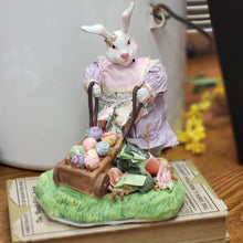 Load image into Gallery viewer, Vintage Paper Mache Lady Bunny With Eggs in a Wheelbarrel, Paper Mache Girl Bunny, Easter Decor
