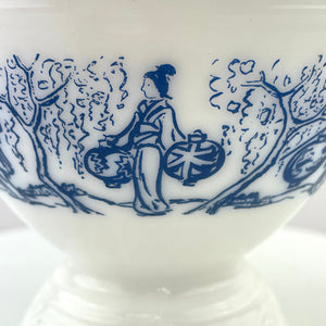 Vntg Chinoiserie Milk Glass Candy Dish Lidded Blue and White Asian Trinket Dish