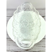 Load image into Gallery viewer, Vtg Indiana Glass Sunflower Relish Tray, Pressed Clear Glass Textured Bowl, Sunflower Pattern Handled Dish